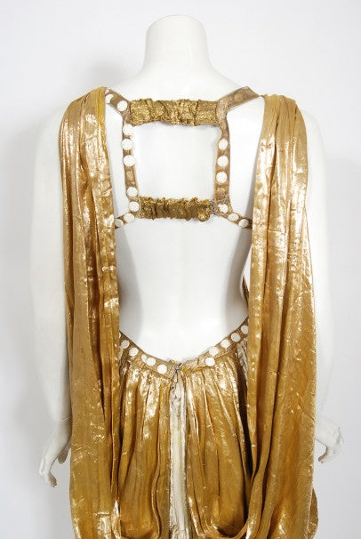 1930&#39;s Metallic Gold Lamé Cut-Out Chenille Fringe Stage Costume Gown