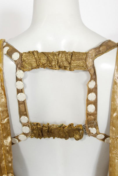 1930&#39;s Metallic Gold Lamé Cut-Out Chenille Fringe Stage Costume Gown