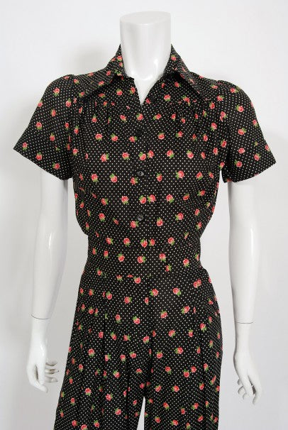 1970s Ossie Clark For Radley Floral Polka-Dot Deco Print Cotton Jumpsuit