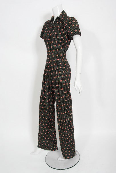 1970s Ossie Clark For Radley Floral Polka-Dot Deco Print Cotton Jumpsuit