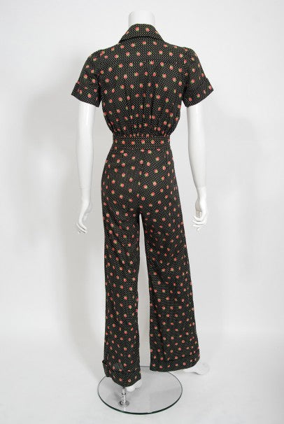 1970s Ossie Clark For Radley Floral Polka-Dot Deco Print Cotton Jumpsuit