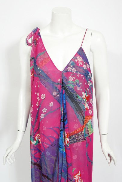 1970's Stephen Burrows Bird Novelty Print Fuchsia Asymmetric Dress