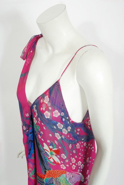 1970&#39;s Stephen Burrows Bird Novelty Print Fuchsia Asymmetric Dress