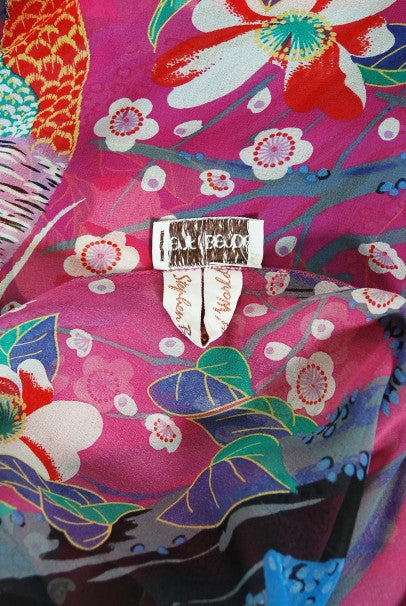 1970&#39;s Stephen Burrows Bird Novelty Print Fuchsia Asymmetric Dress