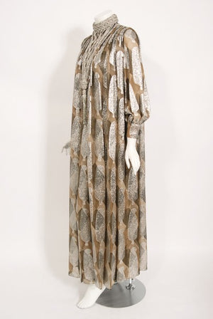 1970 Galanos Couture Documented Metallic Silk Pleated Gown w/ Necklace