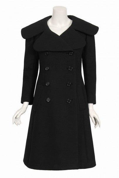 1968 Norman Norell Black Wool Over-Sized Collar Double Breasted Mod Coat