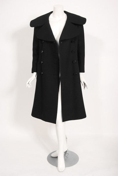 1968 Norman Norell Black Wool Over-Sized Collar Double Breasted Mod Coat