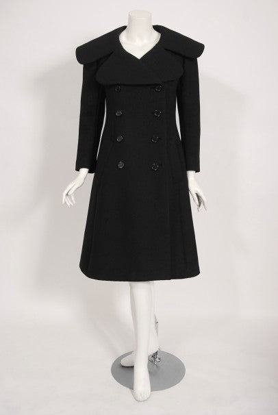 1968 Norman Norell Black Wool Over-Sized Collar Double Breasted Mod Coat