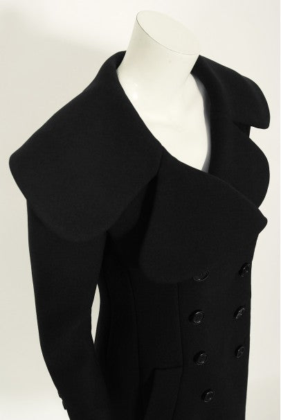 1968 Norman Norell Black Wool Over-Sized Collar Double Breasted Mod Coat