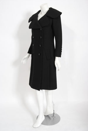 1968 Norman Norell Black Wool Over-Sized Collar Double Breasted Mod Coat