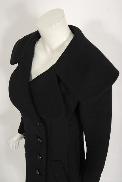 1968 Norman Norell Black Wool Over-Sized Collar Double Breasted Mod Coat