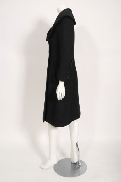 1968 Norman Norell Black Wool Over-Sized Collar Double Breasted Mod Coat