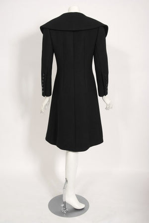 1968 Norman Norell Black Wool Over-Sized Collar Double Breasted Mod Coat