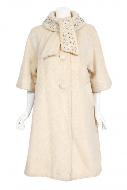 1963 Lilli-Ann Cream Mohair Rhinestone Beaded Tie-Collar Swing Coat