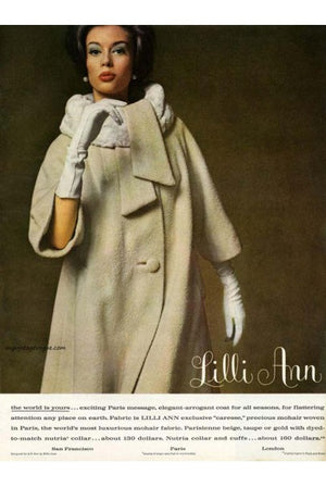 1963 Lilli-Ann Cream Mohair Rhinestone Beaded Tie-Collar Swing Coat