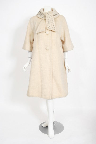 1963 Lilli-Ann Cream Mohair Rhinestone Beaded Tie-Collar Swing Coat