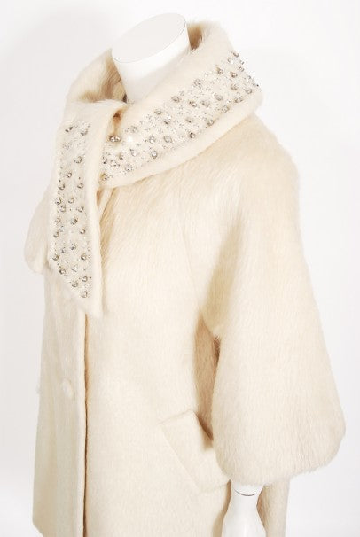 1963 Lilli-Ann Cream Mohair Rhinestone Beaded Tie-Collar Swing Coat
