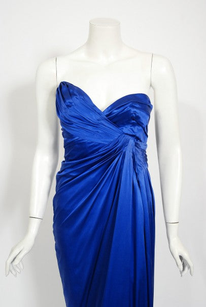 1999 Thierry Mugler Couture Sapphire Blue Silk Corset Strapless Gown