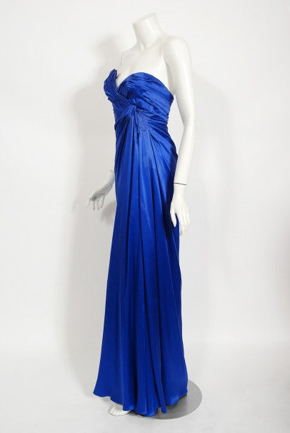 1999 Thierry Mugler Couture Sapphire Blue Silk Corset Strapless Gown