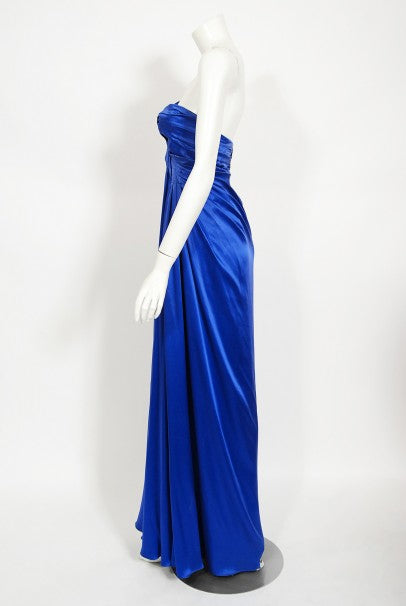 1999 Thierry Mugler Couture Sapphire Blue Silk Corset Strapless Gown