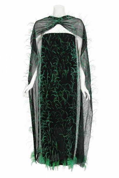 1970 Pauline Trigere Documented Green Feather Silk Strapless Gown &amp; Wrap