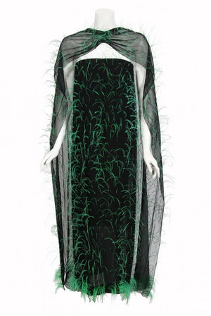 1970 Pauline Trigere Documented Green Feather Silk Strapless Gown & Wrap
