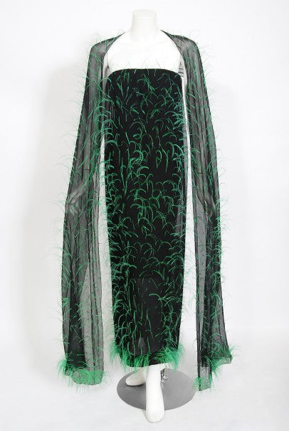 1970 Pauline Trigere Documented Green Feather Silk Strapless Gown &amp; Wrap