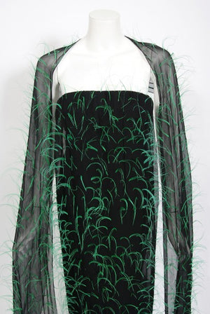 1970 Pauline Trigere Documented Green Feather Silk Strapless Gown & Wrap