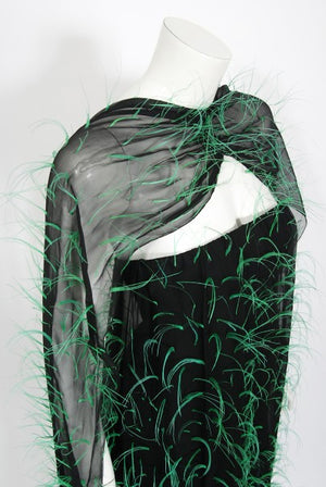 1970 Pauline Trigere Documented Green Feather Silk Strapless Gown & Wrap