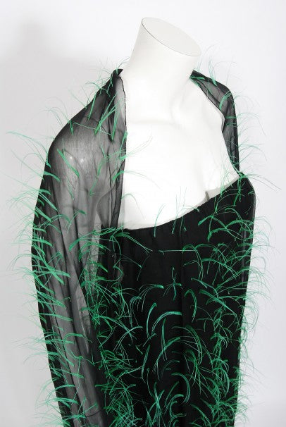 1970 Pauline Trigere Documented Green Feather Silk Strapless Gown &amp; Wrap