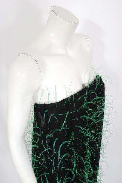 1970 Pauline Trigere Documented Green Feather Silk Strapless Gown &amp; Wrap