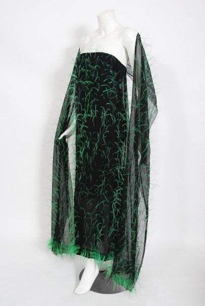 1970 Pauline Trigere Documented Green Feather Silk Strapless Gown &amp; Wrap