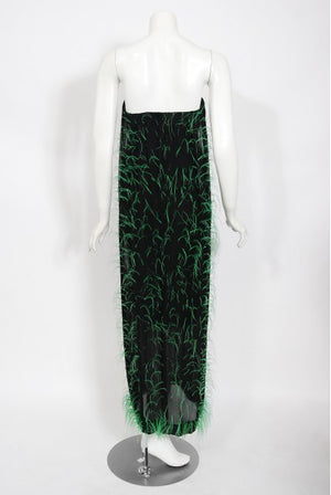 1970 Pauline Trigere Documented Green Feather Silk Strapless Gown & Wrap