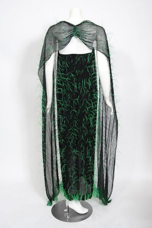 1970 Pauline Trigere Documented Green Feather Silk Strapless Gown & Wrap