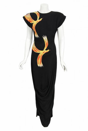 1946 Jourdelle of Hollywood Novelty Flying Firebirds Crepe Draped Gown