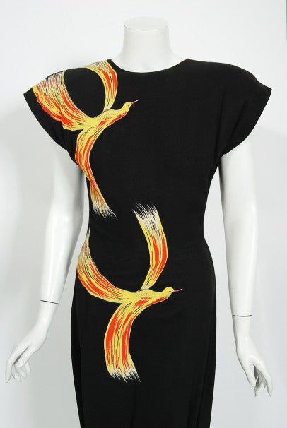 1946 Jourdelle of Hollywood Novelty Flying Firebirds Crepe Draped Gown