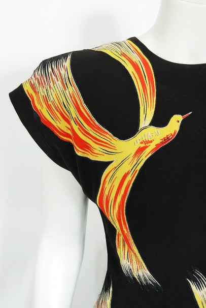 1946 Jourdelle of Hollywood Novelty Flying Firebirds Crepe Draped Gown