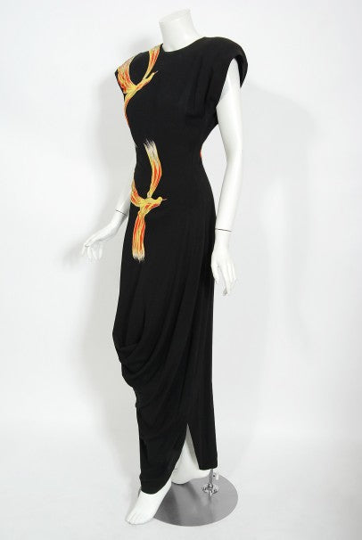 1946 Jourdelle of Hollywood Novelty Flying Firebirds Crepe Draped Gown