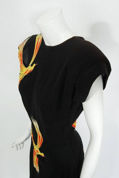 1946 Jourdelle of Hollywood Novelty Flying Firebirds Crepe Draped Gown