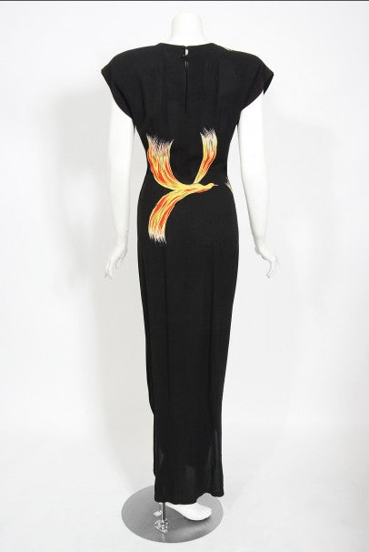 1946 Jourdelle of Hollywood Novelty Flying Firebirds Crepe Draped Gown
