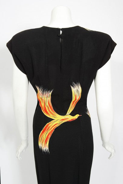 1946 Jourdelle of Hollywood Novelty Flying Firebirds Crepe Draped Gown