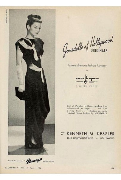 1946 Jourdelle of Hollywood Novelty Flying Firebirds Crepe Draped Gown