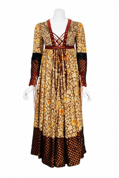 long sleeve gypsy dress 1970 Bill Gibb Iconic Bohemian Floral Silk and Suede Fringe Lace-Up Gy