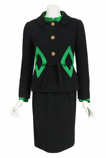 1968 Burke-Amey Couture Black Wool Green Silk Appliqué 3-Piece Ensemble