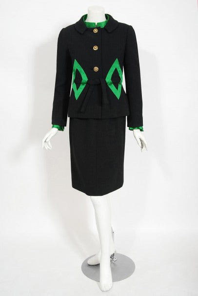 1968 Burke-Amey Couture Black Wool Green Silk Appliqué 3-Piece Ensemble