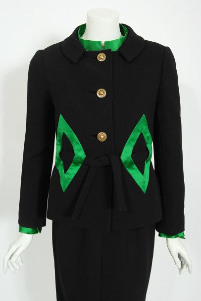 1968 Burke-Amey Couture Black Wool Green Silk Appliqué 3-Piece Ensemble