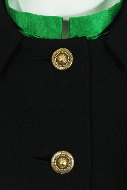 1968 Burke-Amey Couture Black Wool Green Silk Appliqué 3-Piece Ensemble