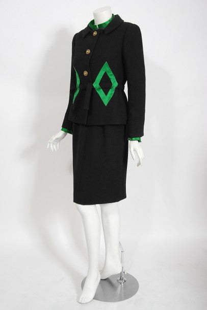 1968 Burke-Amey Couture Black Wool Green Silk Appliqué 3-Piece Ensemble