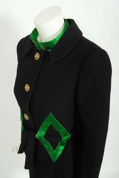 1968 Burke-Amey Couture Black Wool Green Silk Appliqué 3-Piece Ensemble