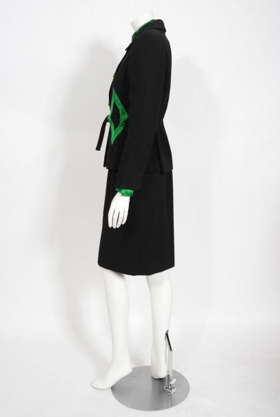 1968 Burke-Amey Couture Black Wool Green Silk Appliqué 3-Piece Ensemble